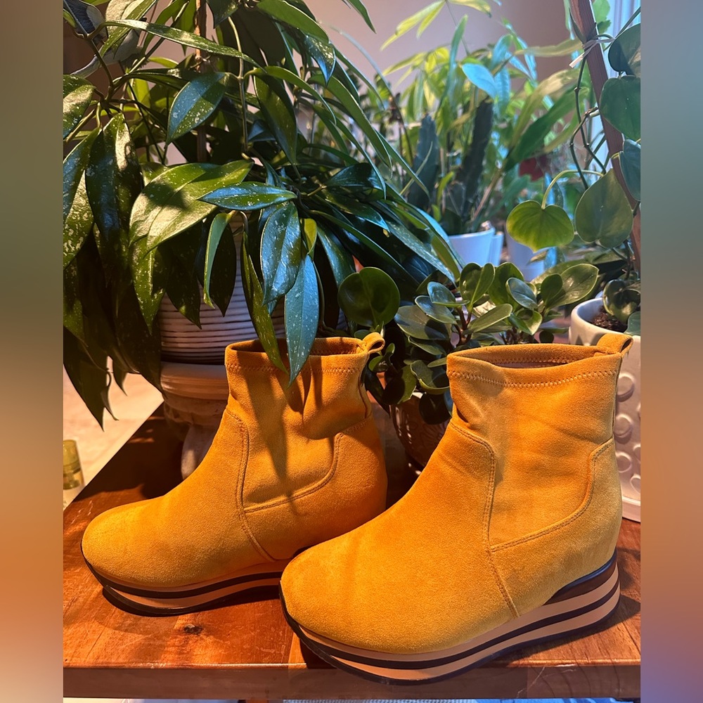 Yellow Faux-suede Ankle Booties with Wedge Heel